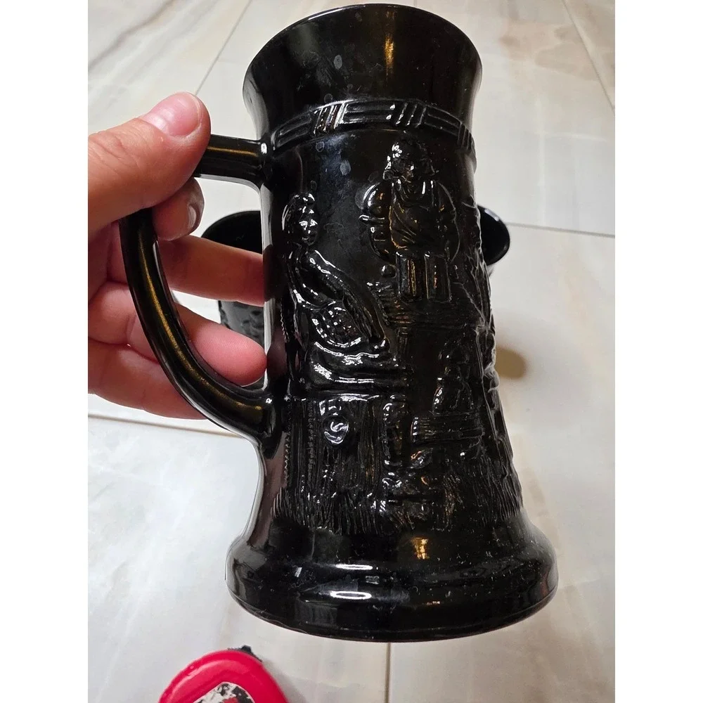 Vintage Black Amethyst Glass Beer‎ Stein Tavern Scene Embossed Mug Set of 3 A5